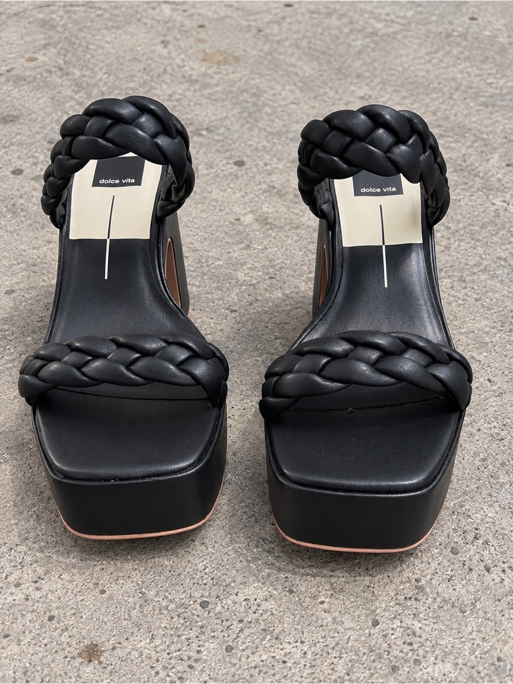 Dolce Vita Black Braided Platform Slide Sandals with Square Toe